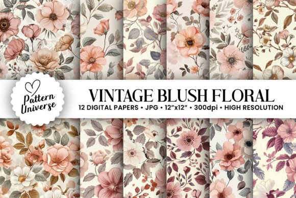 12 Vintage Blush Flowers Seamless Patterns for Timeless Design