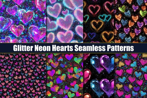 Glitter Neon Hearts Seamless Patterns