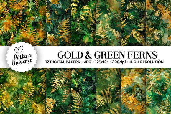 Gold Green Alcohol Ink Fern Patterns: Creative Uses for Digital Craft Projects