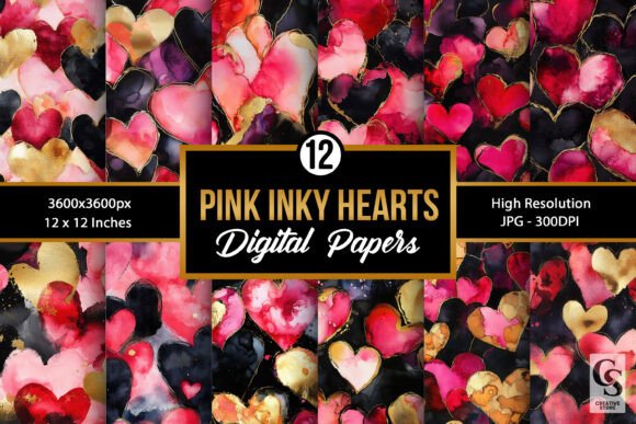 Pink Gold Alcohol Ink Hearts Patterns