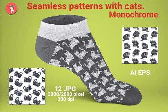 Seamless Patterns with Cats. Monochrome